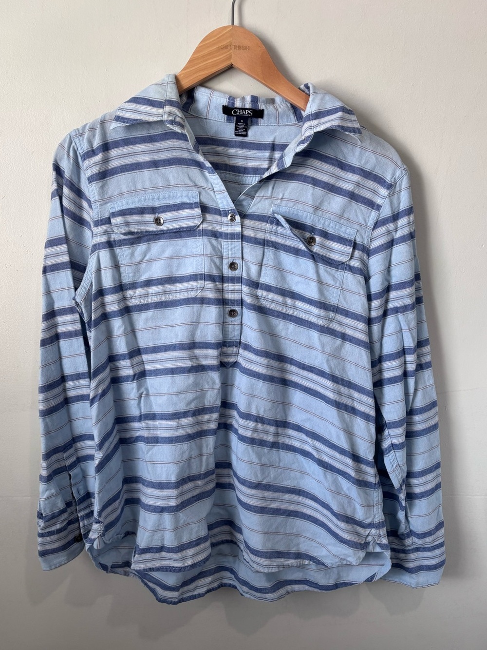 Chaps Cotton Striped Long Sleeve Henley Blouse | Size M